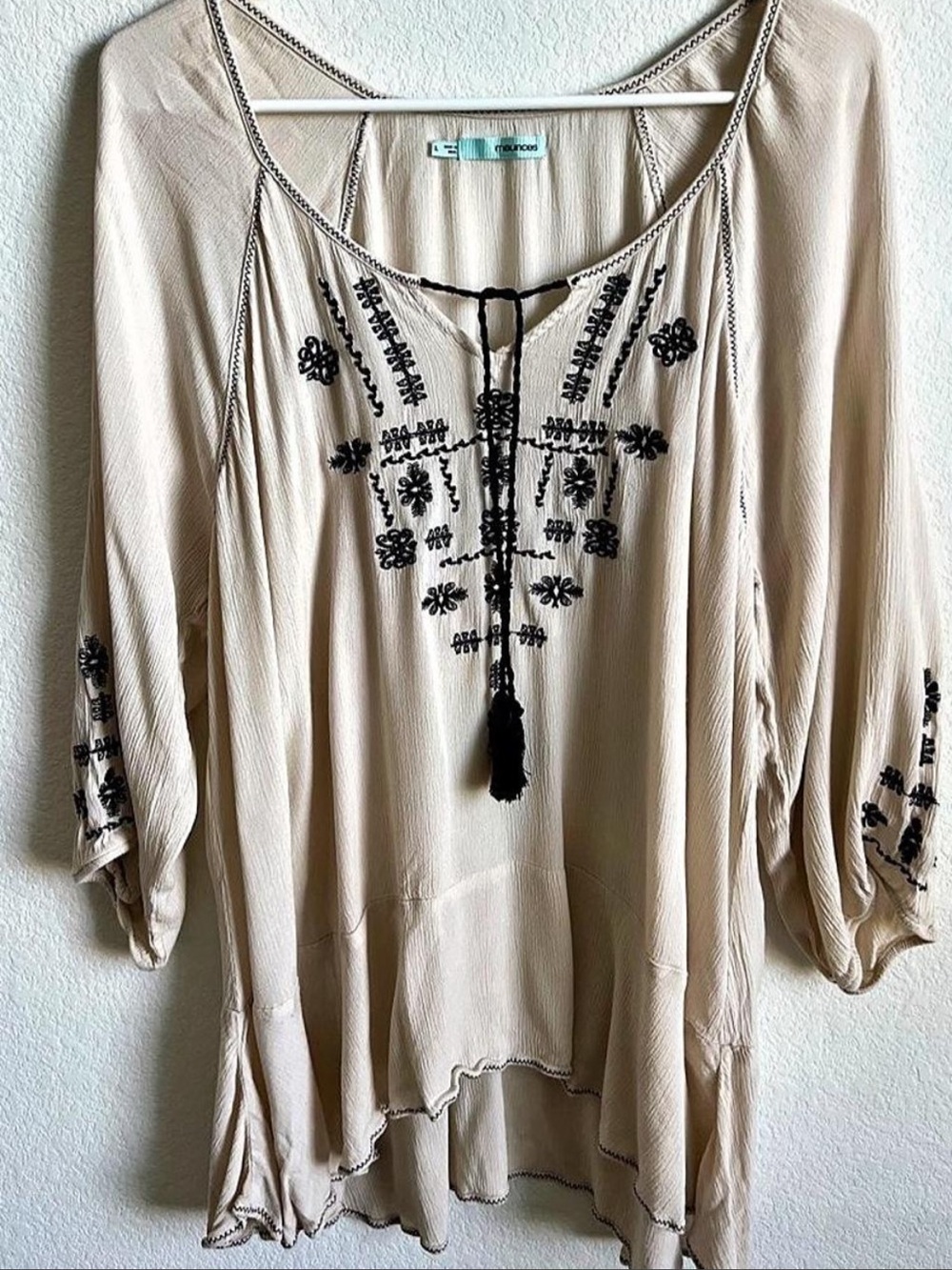 Boho Embroidered Peasant Top in Cream with Black Accents - Picture 3 of 8